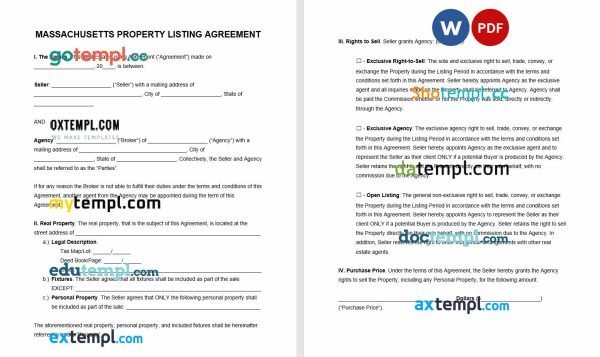 free Massachusetts real estate listing agreement template, Word and PDF format