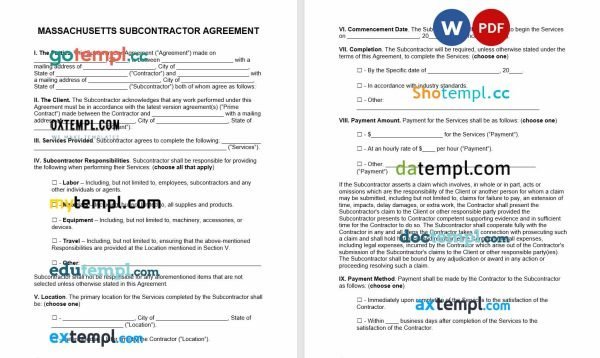 free Massachusetts subcontractor agreement template, Word and PDF format