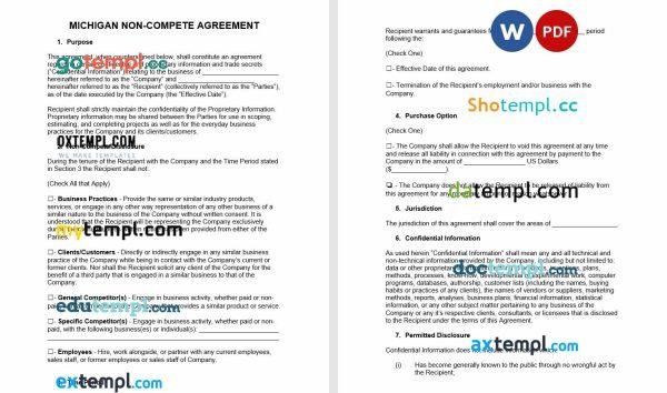 free Michigan non-compete agreement template, Word and PDF format