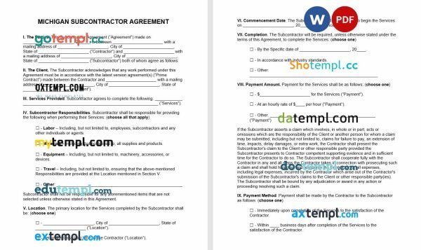 free Michigan subcontractor agreement template, Word and PDF format
