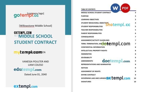 free middle school student contract template, Word and PDF format