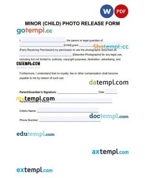 free Minor child photo release form template, Word and PDF format