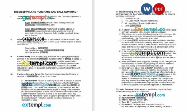 free Mississippi land contract template, Word and PDF format