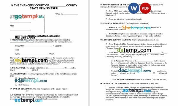 free Mississippi marital settlement agreement template, Word and PDF format