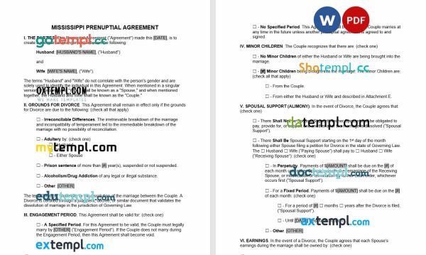 free Mississippi prenuptial agreement template, Word and PDF format