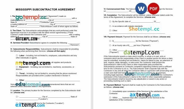 free Mississippi subcontractor agreement template, Word and PDF format