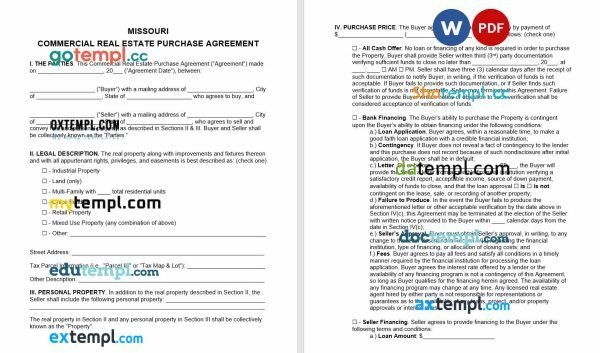 free Missouri commercial real estate purchase agreement template, Word and PDF format