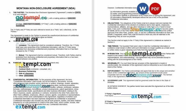 free Montana non disclosure agreement NDA template, Word and PDF format