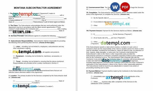 free Montana subcontractor agreement template, Word and PDF format