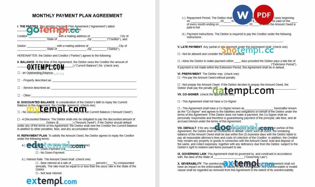 free Monthly payment plan agreement template, Word and PDF format ...
