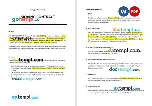 free moving contract template, Word and PDF format