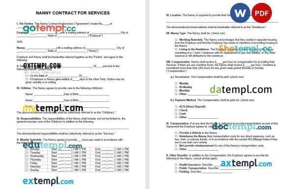 free nanny contract template, Word and PDF format