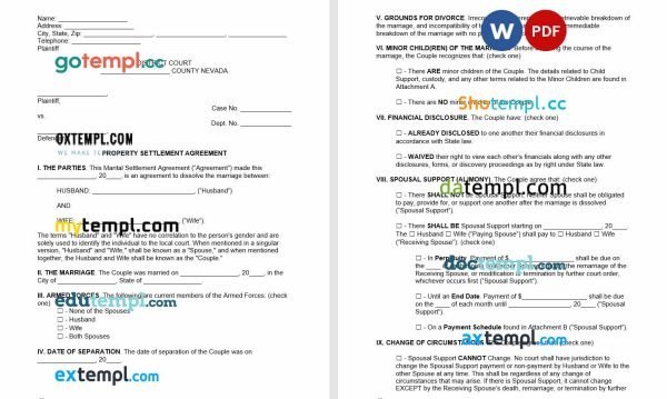 free Nevada marital settlement agreement template, Word and PDF format