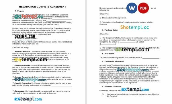 free Nevada non-compete agreement template, Word and PDF format