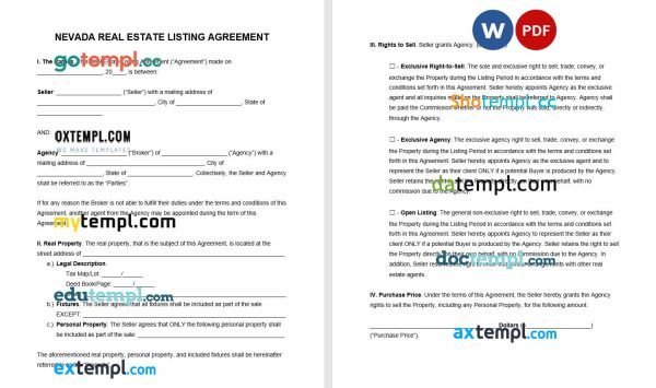 free Nevada real estate listing agreement template, Word and PDF format