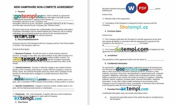 free New Hampshire non-compete agreement template, Word and PDF format