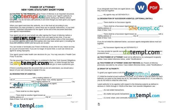 free New York statutory durable short form template, Word and PDF format