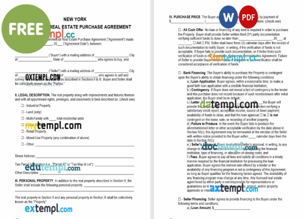 free New York commercial real estate purchase agreement template, Word and PDF format