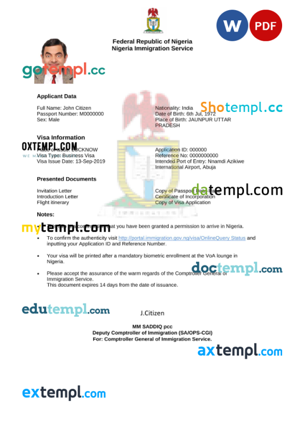 Nigeria e-visa Word and PDF template