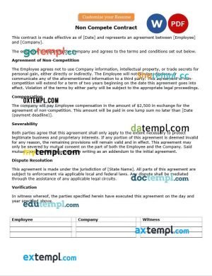 free non-compete contract template, Word and PDF format