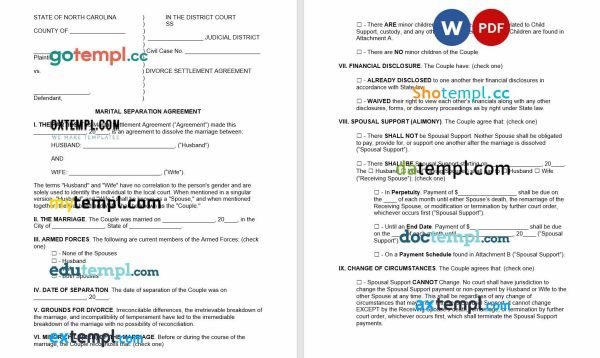 free North Carolina marital settlement agreement template, Word and PDF format