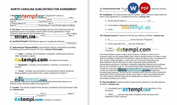 free North Carolina subcontractor agreement template, Word and PDF format