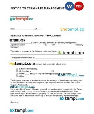 free notice to terminate property management agreement template, Word and PDF format