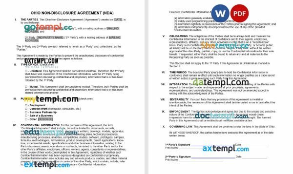 free Ohio non disclosure agreement NDA template, Word and PDF format