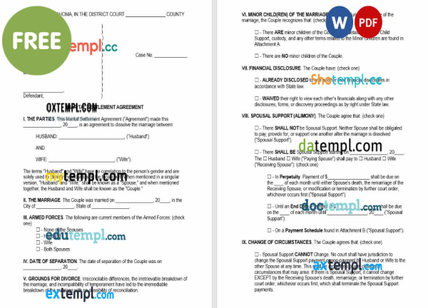 free Oklahoma marital settlement agreement template, Word and PDF format