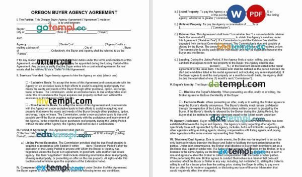 free oregon buyer agency agreement template, Word and PDF format