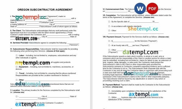 free Oregon subcontractor agreement template, Word and PDF format