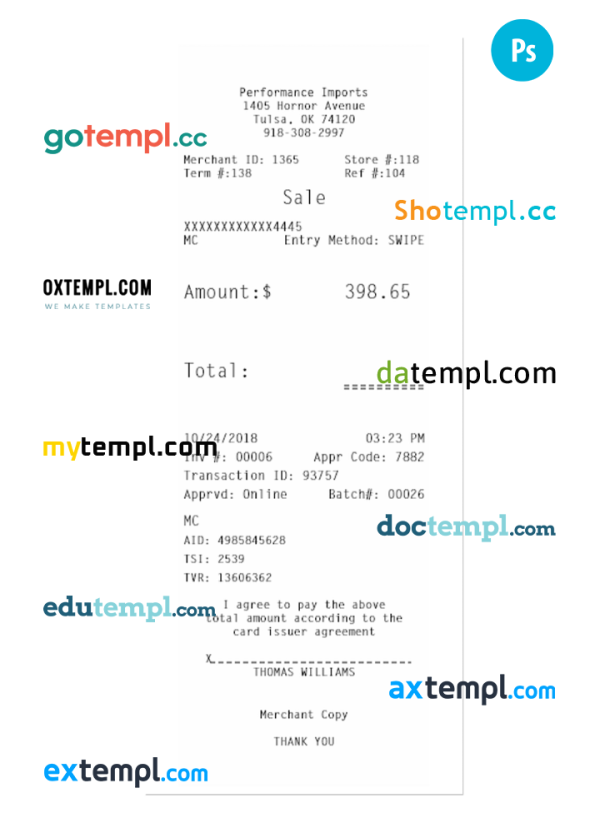 Performance imports receipt PSD template