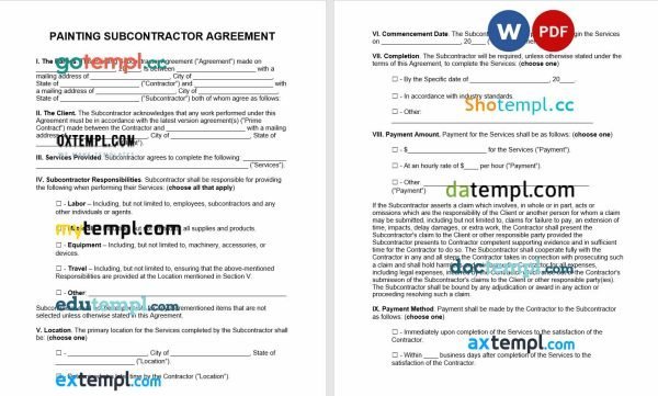 free painting subcontractor agreement template, Word and PDF format