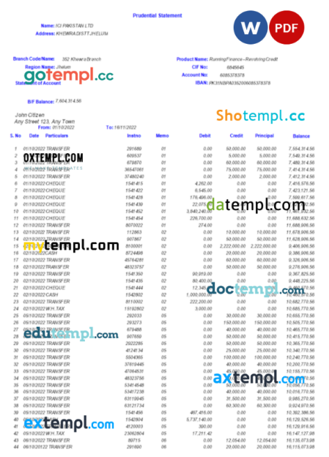 Pakistan ICI bank statement Word and PDF template