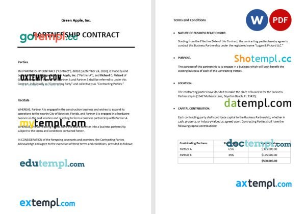 free partnership contract template, Word and PDF format
