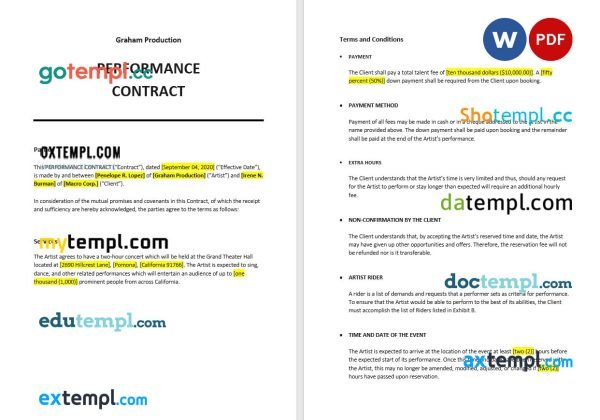 free performance contract template, Word and PDF format