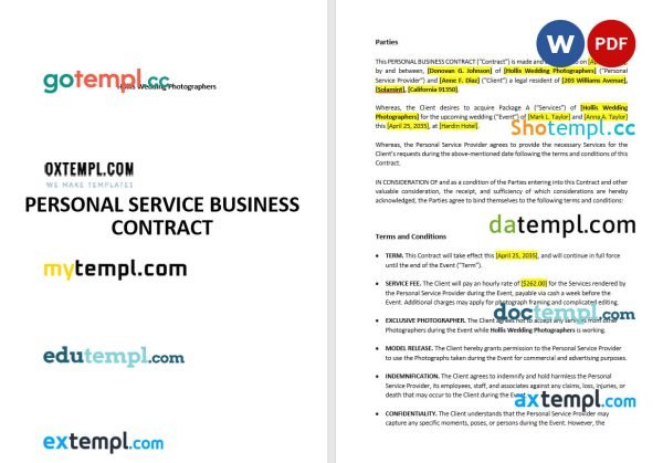 free personal business contract template, Word and PDF format