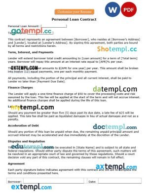 free personal loan contract template, Word and PDF format