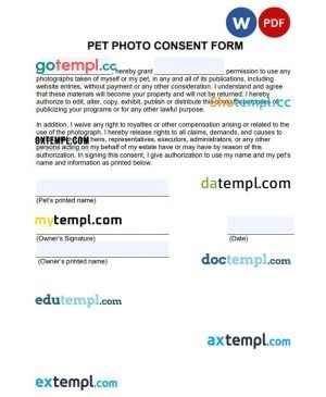 free pet photo consent form template, Word and PDF format