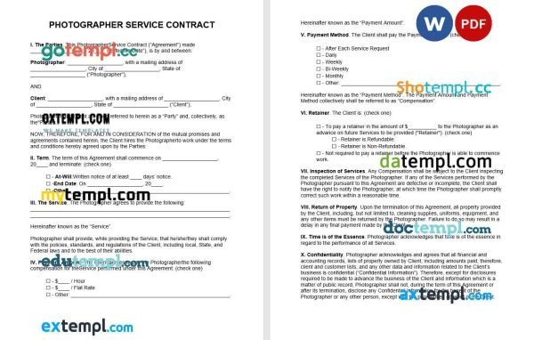 free photographer service contract template, Word and PDF format