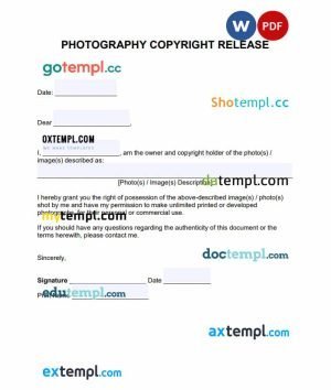free photography copyright release form template, Word and PDF format