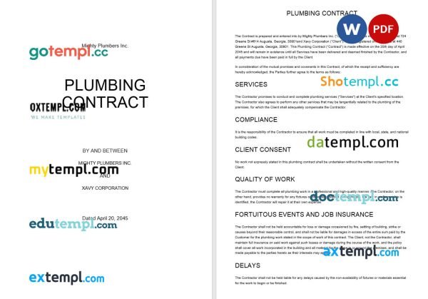 free plumbing contract template, Word and PDF format