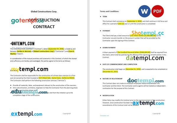 free printable construction contract template, Word and PDF format