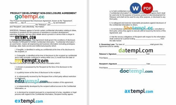 free product development non-disclosure agreement NDA template, Word and PDF format