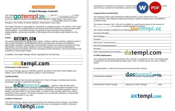 free project manager contract template, Word and PDF format