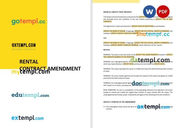 free rental contract amendment template, Word and PDF format