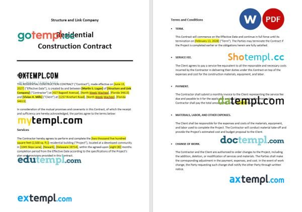 free residential construction contract template, Word and PDF format