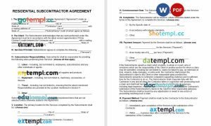 free residential subcontractor agreement template, Word and PDF format