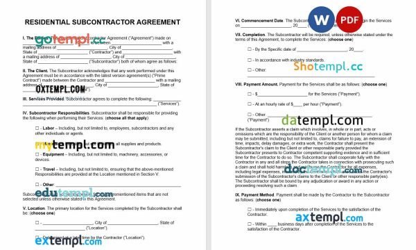 free residential subcontractor agreement template, Word and PDF format