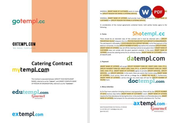 free restaurant catering contract template, Word and PDF format